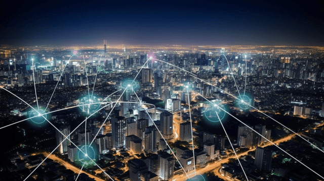 City skyline with network overlay