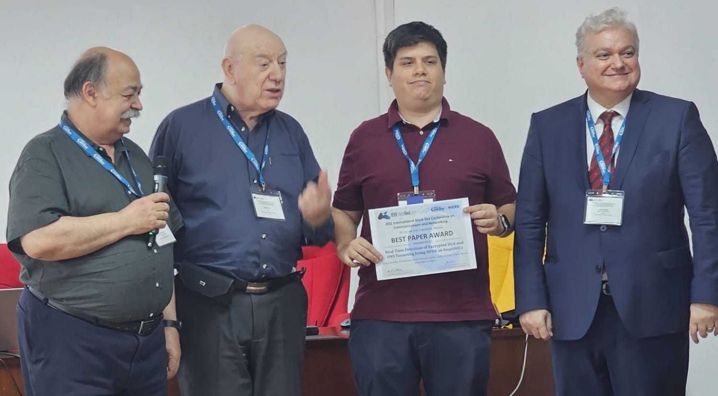 Best Paper Award, IEEE International Black Sea Conference on Communications and Networking, Bucharest, Rumania, June 2026. Award received by Sergio Elizalde, PhD student working under Dr. Elie Kfoury and Dr. Jorge Crichigno.